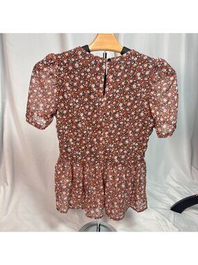 Harpa Sheer Floral Tunic Blouse NWT Ruffle Hem Boho Short Sleeve Brown S